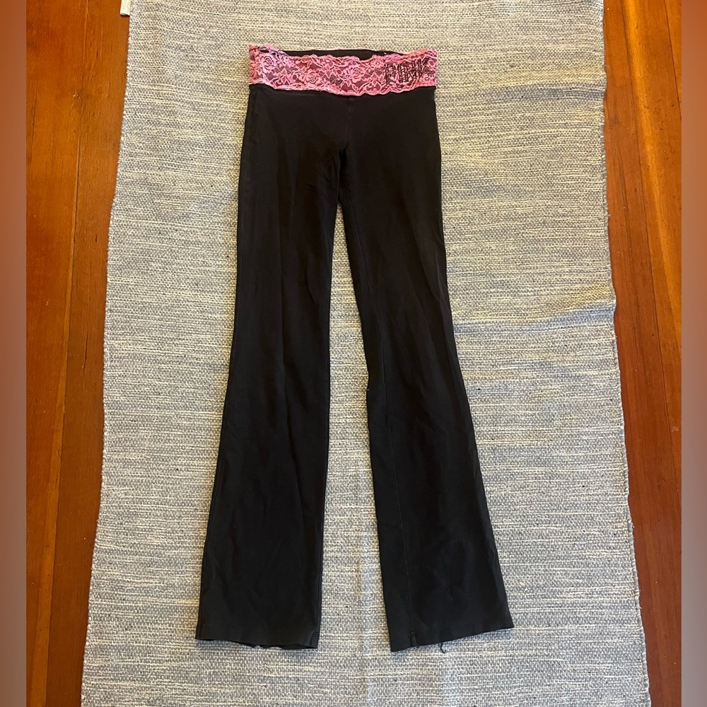 Y2K PINK Victoria's Secret Black Flare Leggings Pink Lace Bling Waistband XS